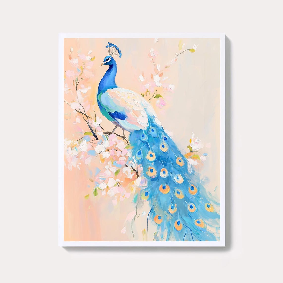 Blue Peacock Among Blossom Branches Elegant Spring Painting Poster