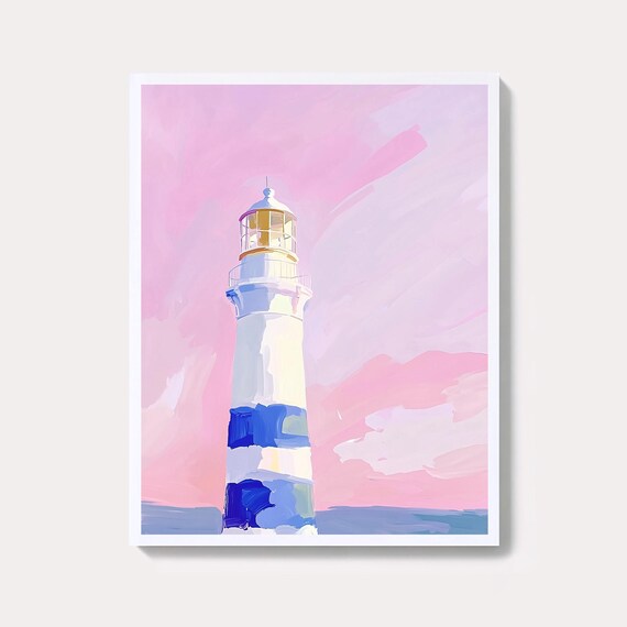 Blue Striped Lighthouse Painting Against A Pink Coastal Sky Poster