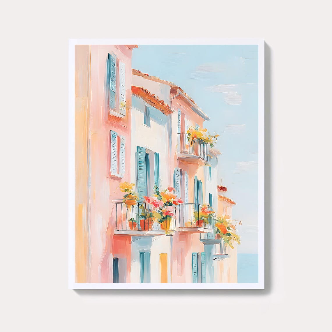 Mediterranean Balconies With Bright Flowers Pastel Building Poster