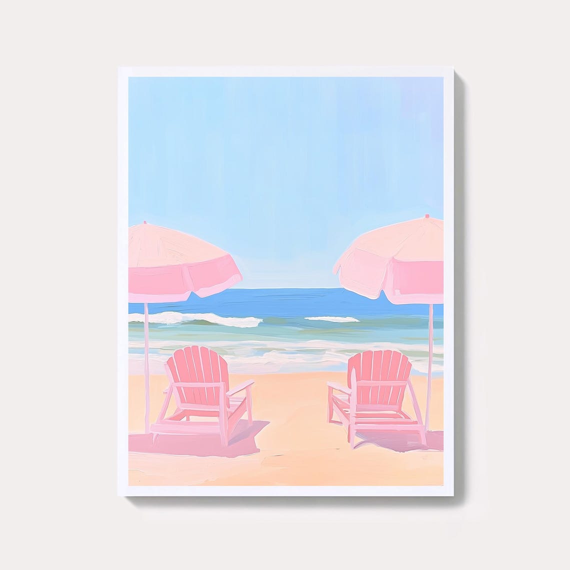 Pink Beach Umbrellas And Chairs Facing Ocean Waves Pastel Art Print