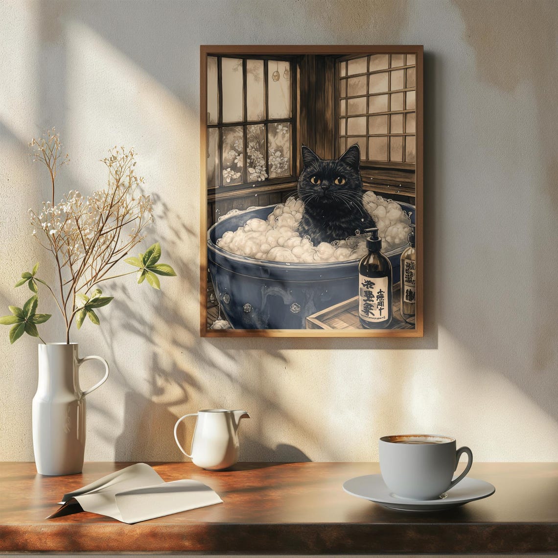 Black Cat In Bubble Bath With Blue Tub And Soap Bottles Poster - Image 7
