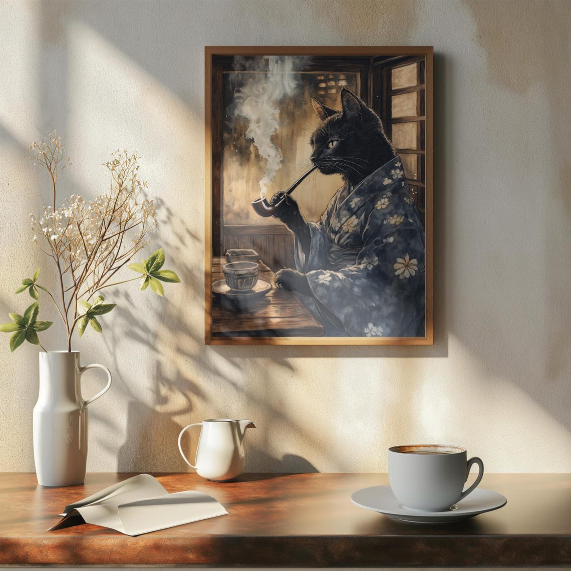 Black Cat Enjoying A Long Pipe In A Dark Floral Kimono Poster - Image 7