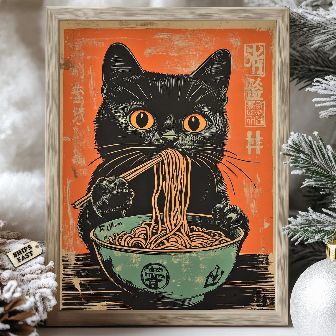 Black Cat Slurping Ramen Noodles Japanese Retro Style Poster