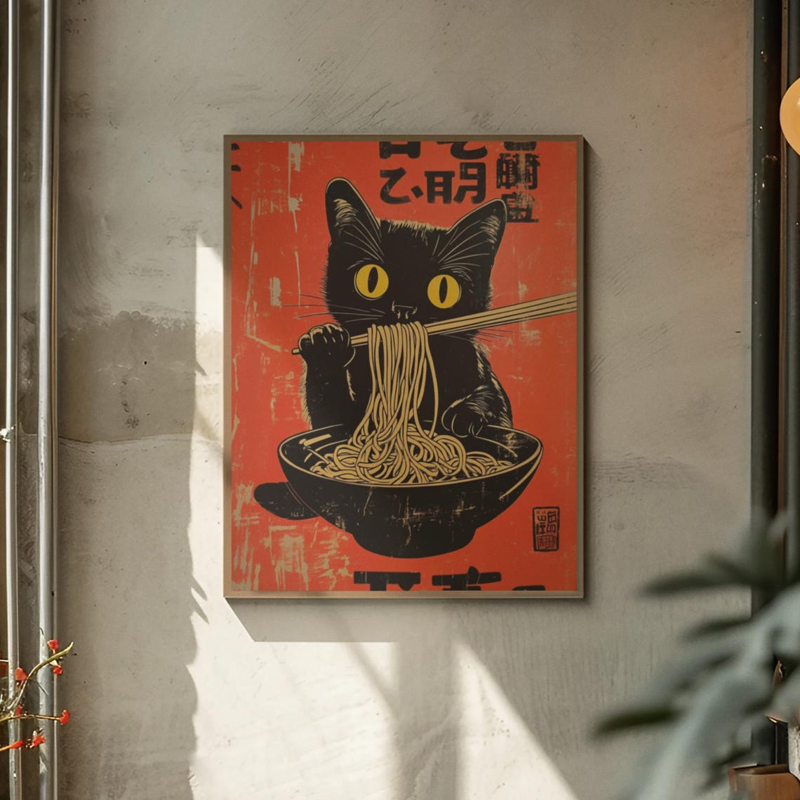 Black Cat Slurping Noodles In Woodblock Style Red Retro Poster - Image 2