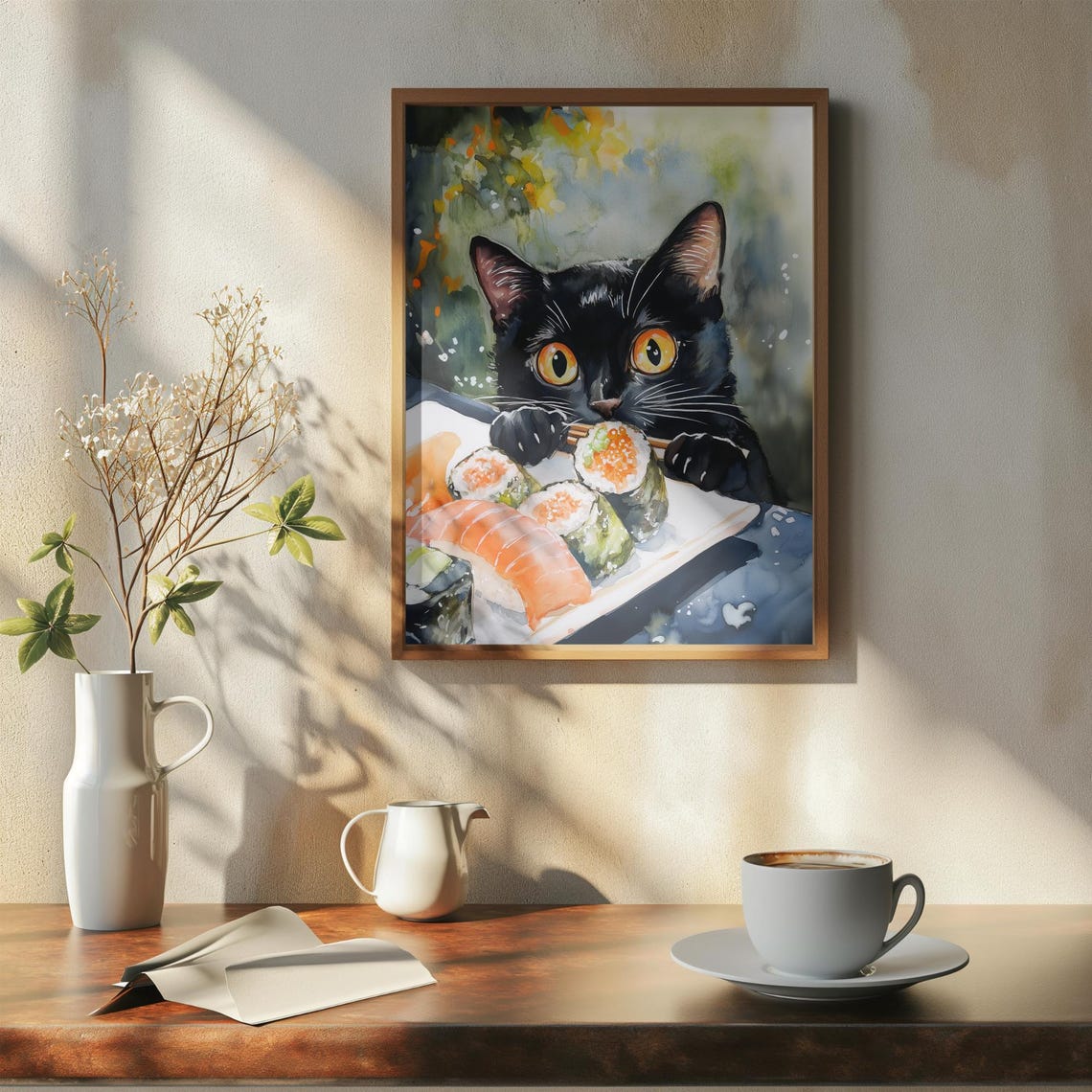 Black Cat Eyeing Sushi Plate In Loose Watercolor Style Poster - Image 7