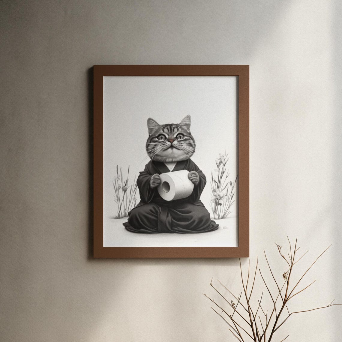 Tabby Cat In Kimono Holding A Toilet Paper Roll Bathroom Poster - Image 6