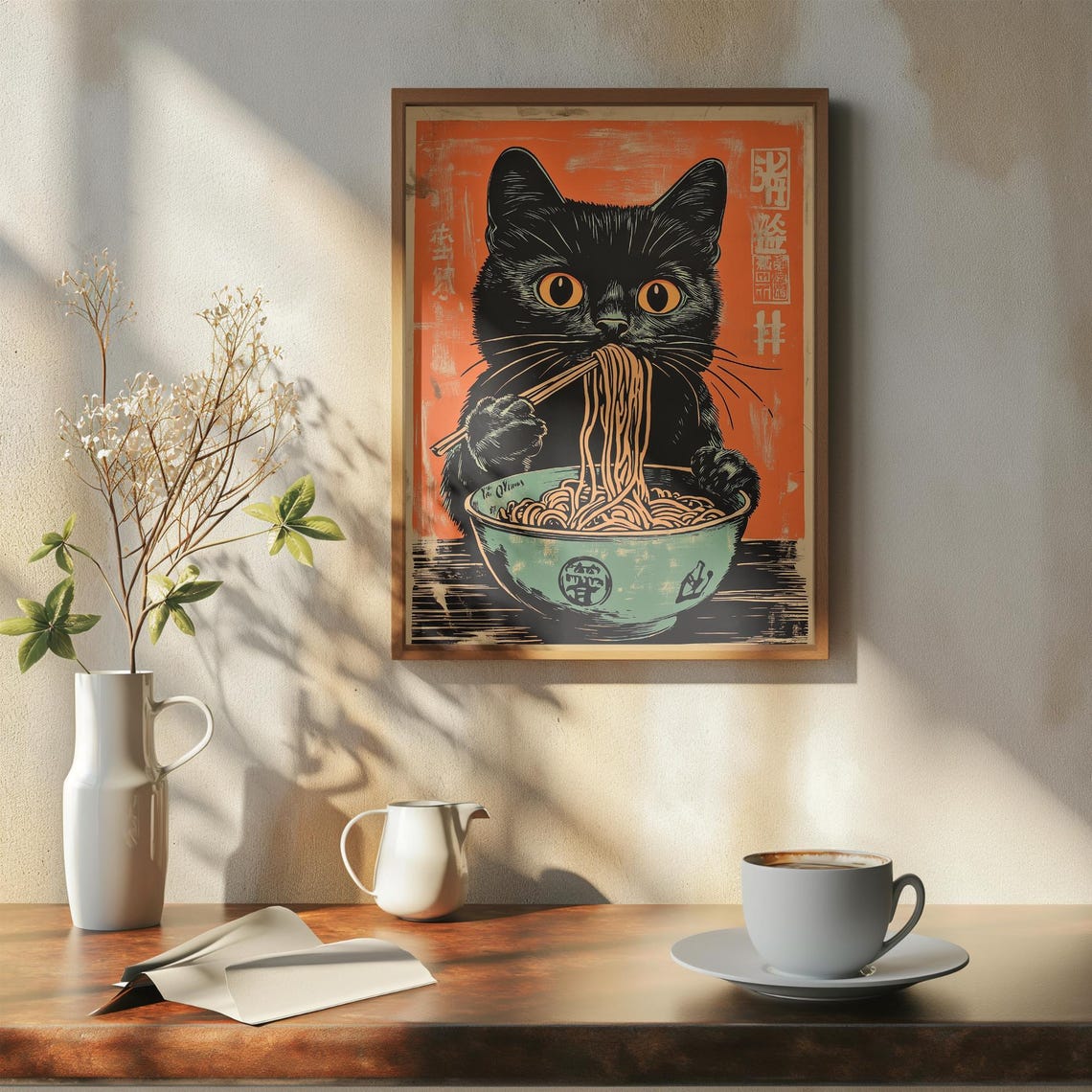Black Cat Slurping Ramen Noodles Japanese Retro Style Poster - Image 7