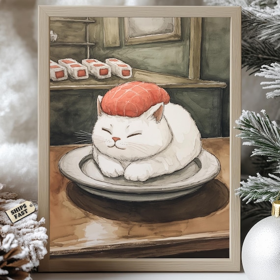 White Cat Curled Up Like Salmon Nigiri Sushi Watercolor Poster