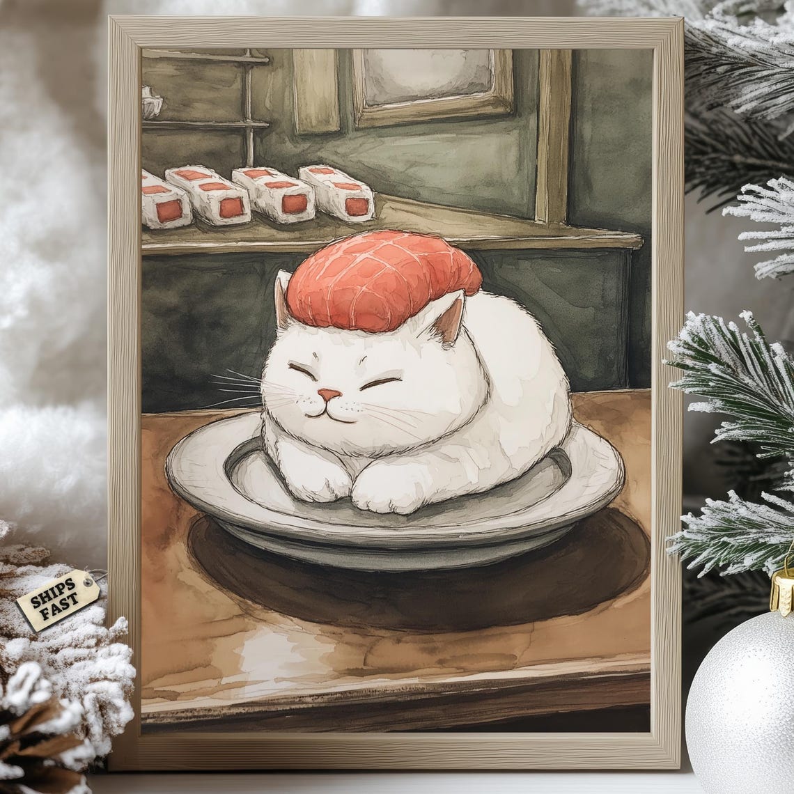 White Cat Curled Up Like Salmon Nigiri Sushi Watercolor Poster