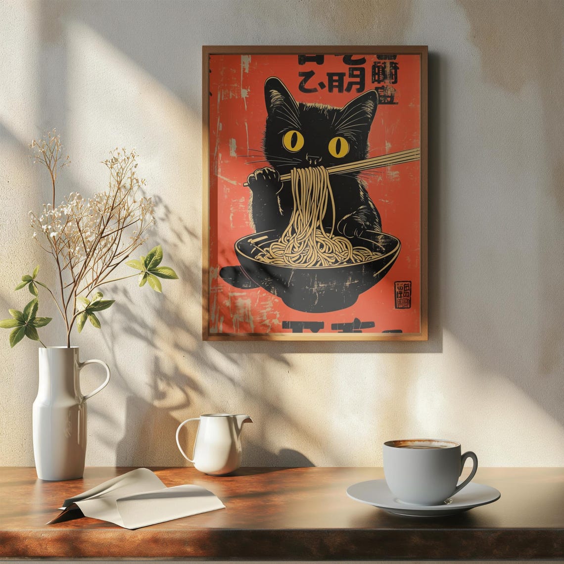 Black Cat Slurping Noodles In Woodblock Style Red Retro Poster - Image 7