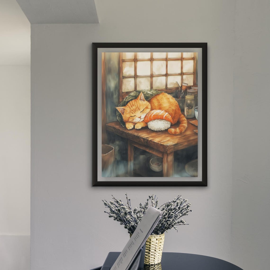 Orange Cat Sleeping Like Sushi With Salmon Slice On Counter Poster - Image 4