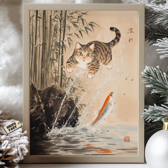 Tabby Cat Pouncing At Leaping Fish In Bamboo Ink Wash Poster