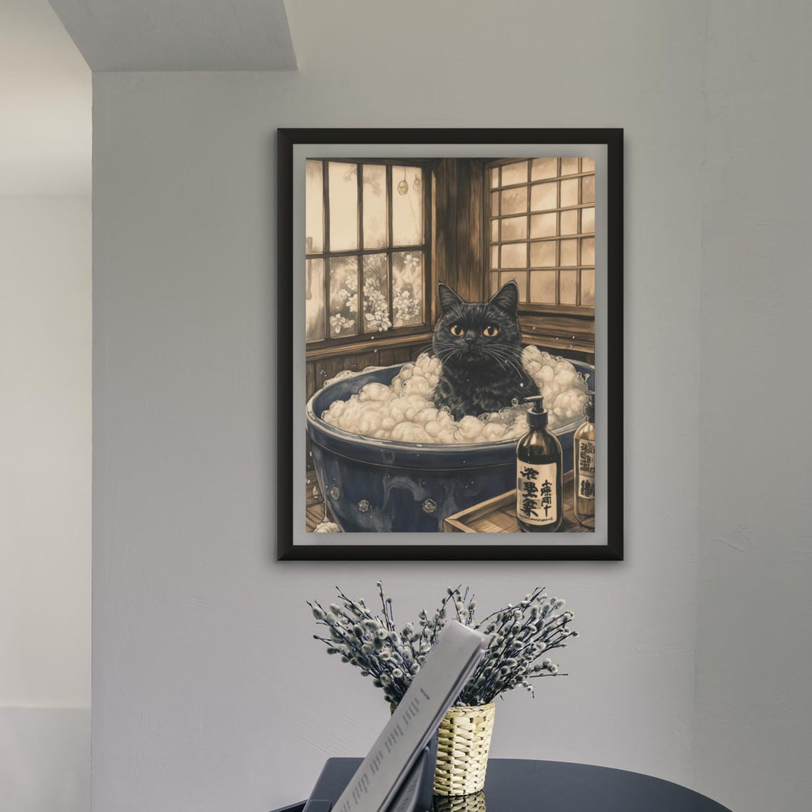 Black Cat In Bubble Bath With Blue Tub And Soap Bottles Poster - Image 4