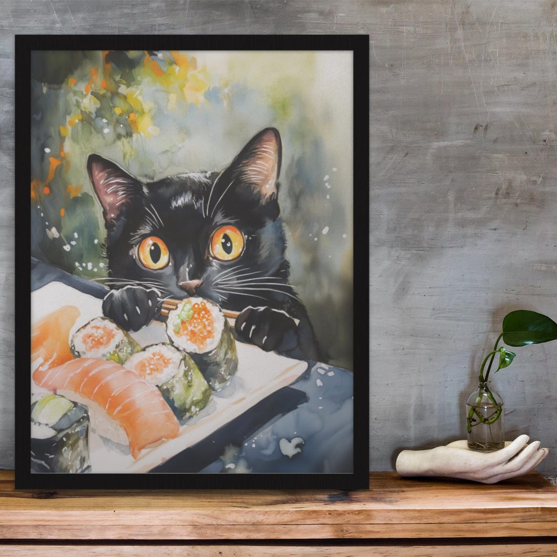 Black Cat Eyeing Sushi Plate In Loose Watercolor Style Poster - Image 3