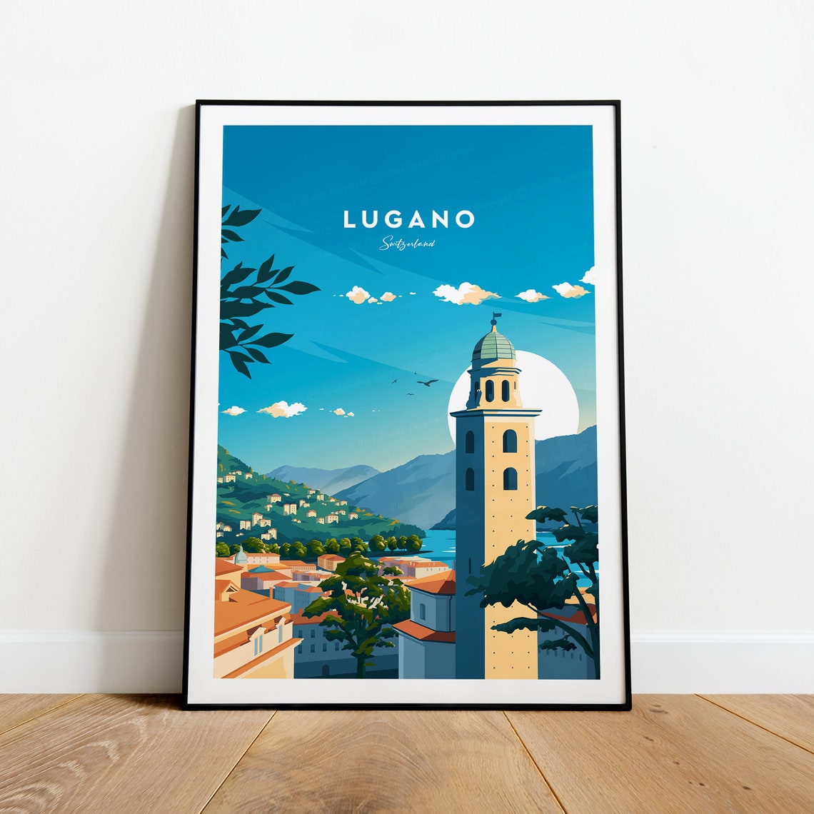 Lugano Switzerland Lakeside Tower Golden Sunset Moon Travel Poster - Image 2
