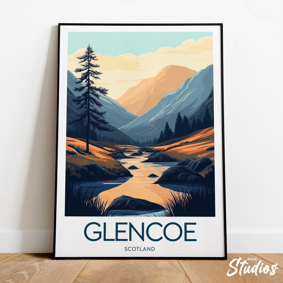 Glencoe Scotland Highland Mountain River Valley Scenic Travel Poster