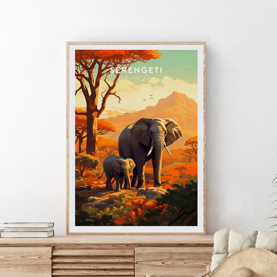 Serengeti Traditional Travel Print Tanzania Serengeti Poster Elephant Artwork Wedding Gift Birthday