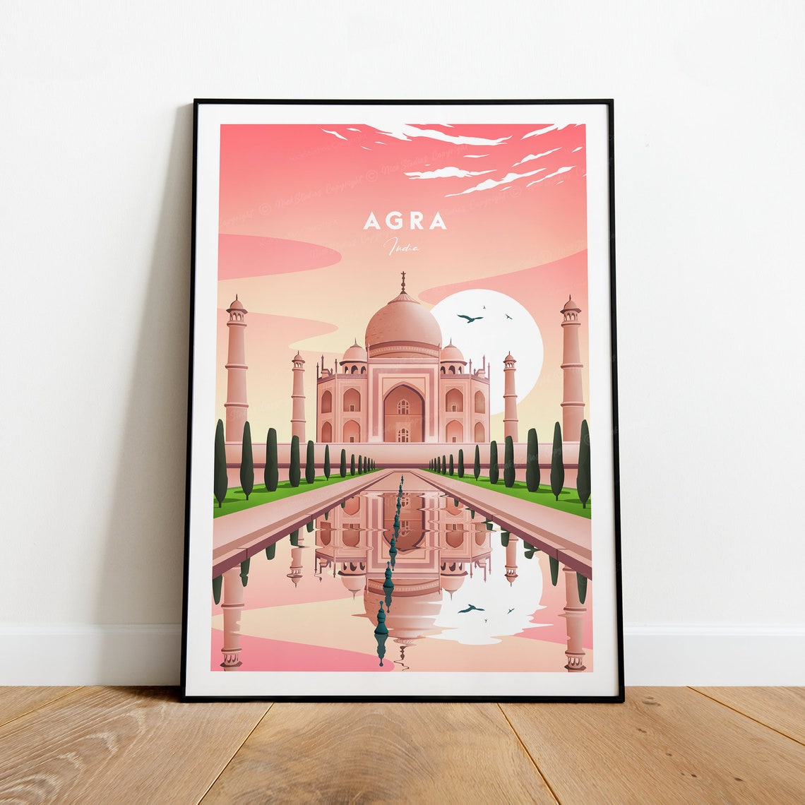 Agra India Taj Mahal Sunset Reflection Pink Sky Garden Art Poster - Image 2