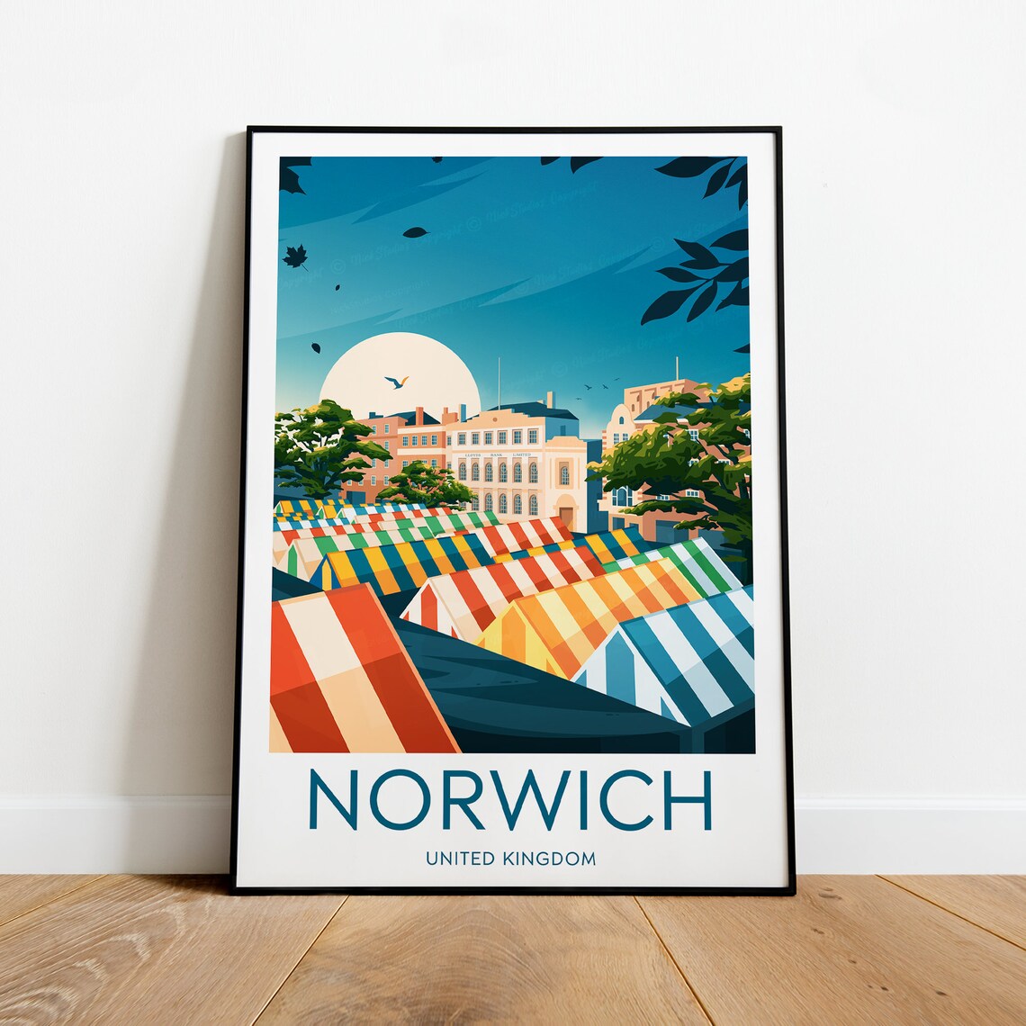 Norwich England Colorful Market Stalls City Travel Poster UK Art - Image 2