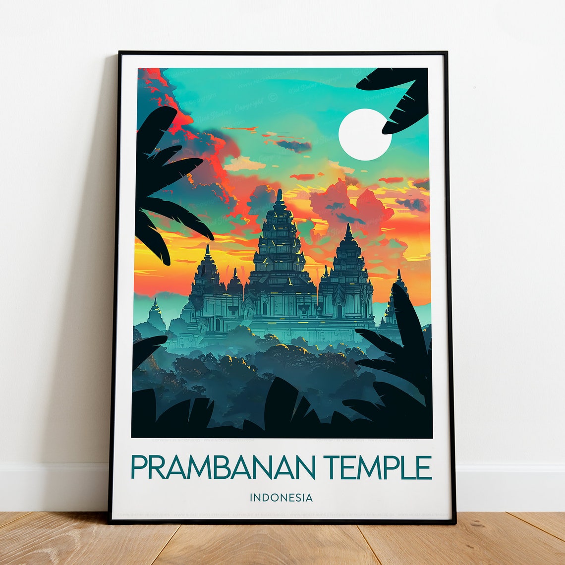 Prambanan Temple Indonesia Sunset Silhouette Vintage Travel Poster - Image 2