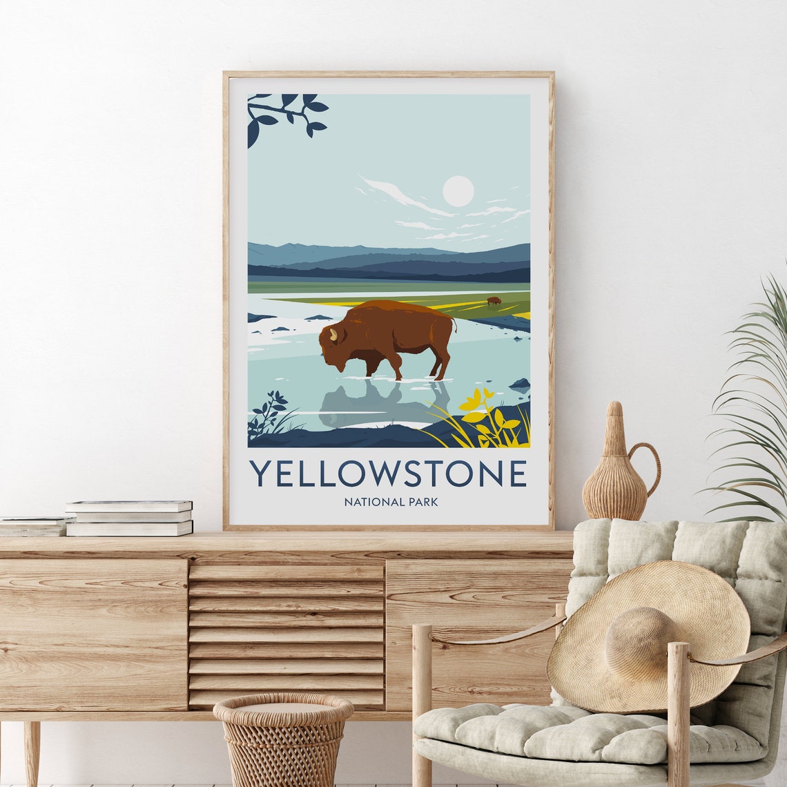 Yellowstone National Park Bison River Wildlife Landscape Poster