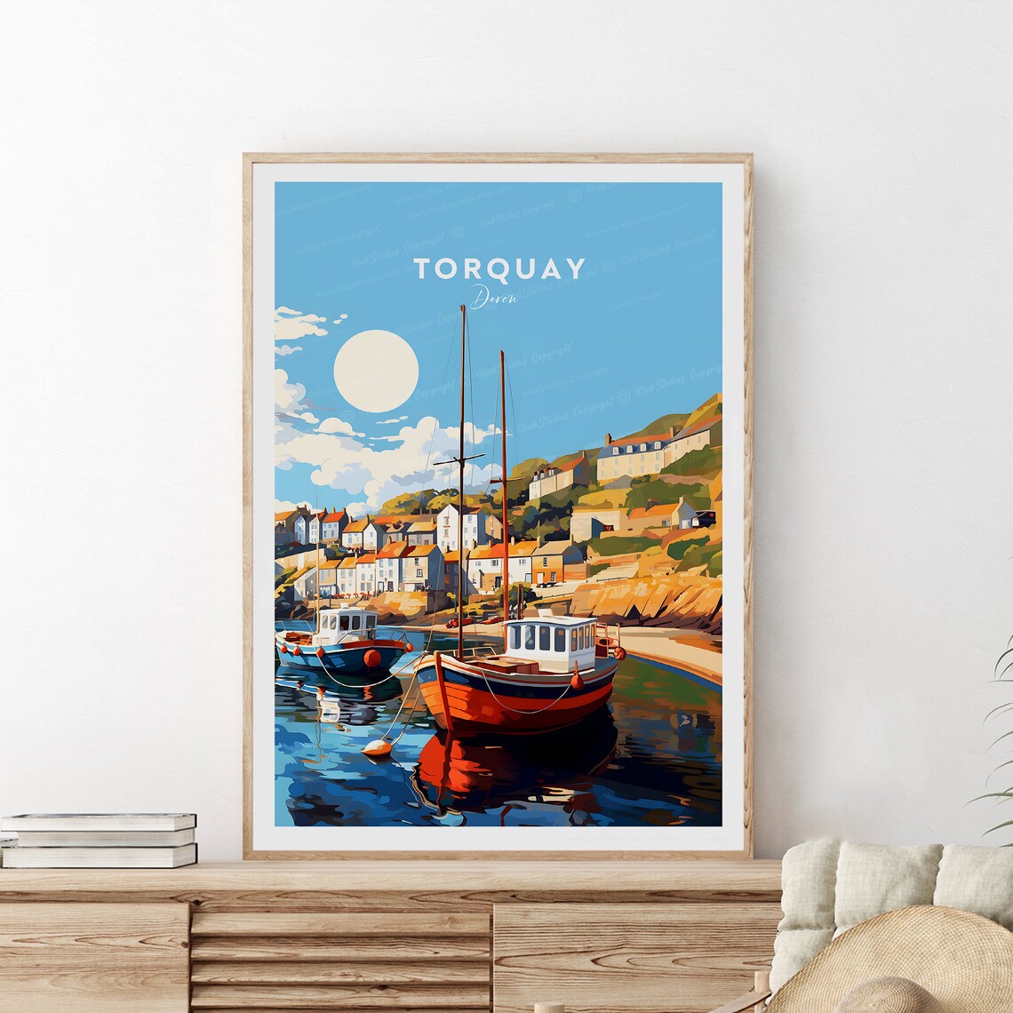 Torquay Devon Harbor Fishing Boats Sunny Coastal Travel Poster - Image 2