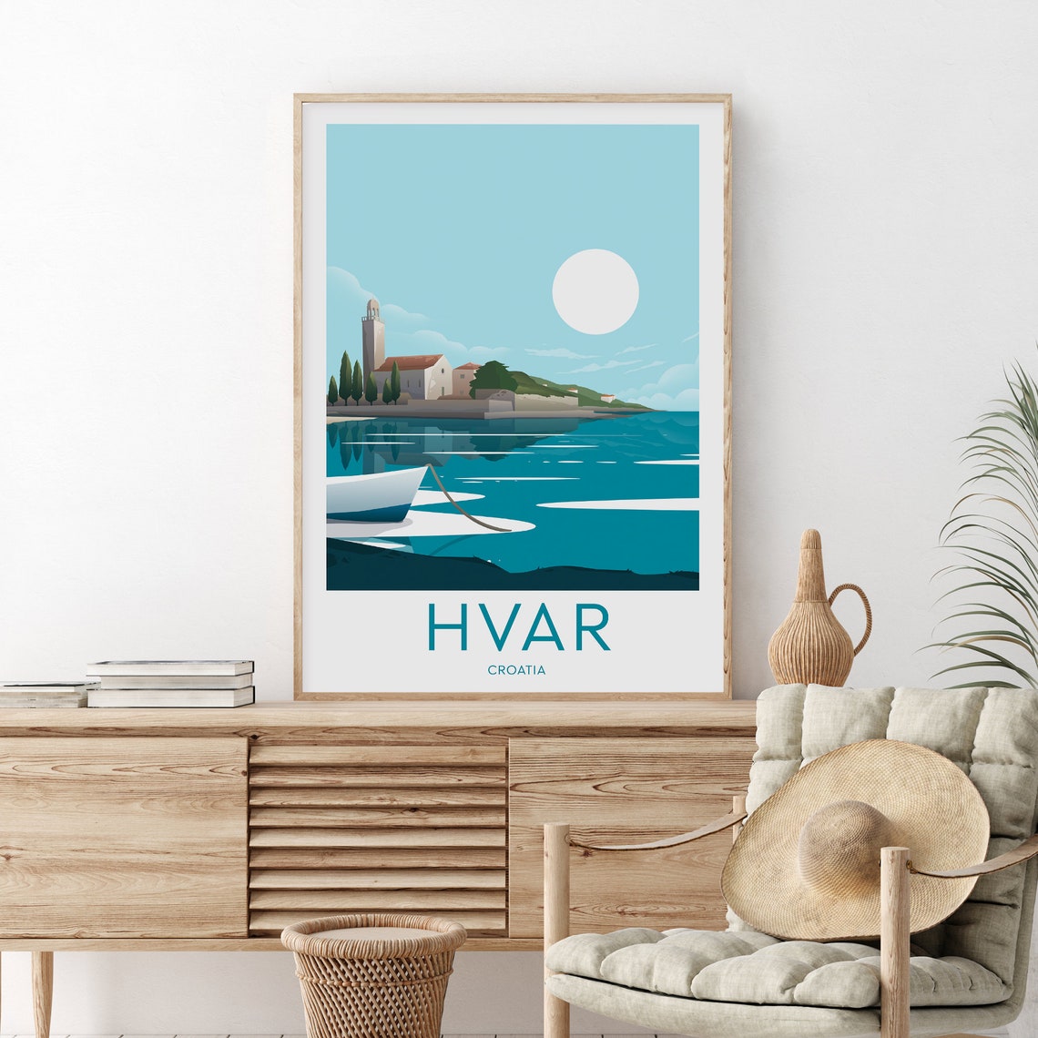 Hvar Croatia Harbor Church White Boat Calm Island View Poster - Image 2