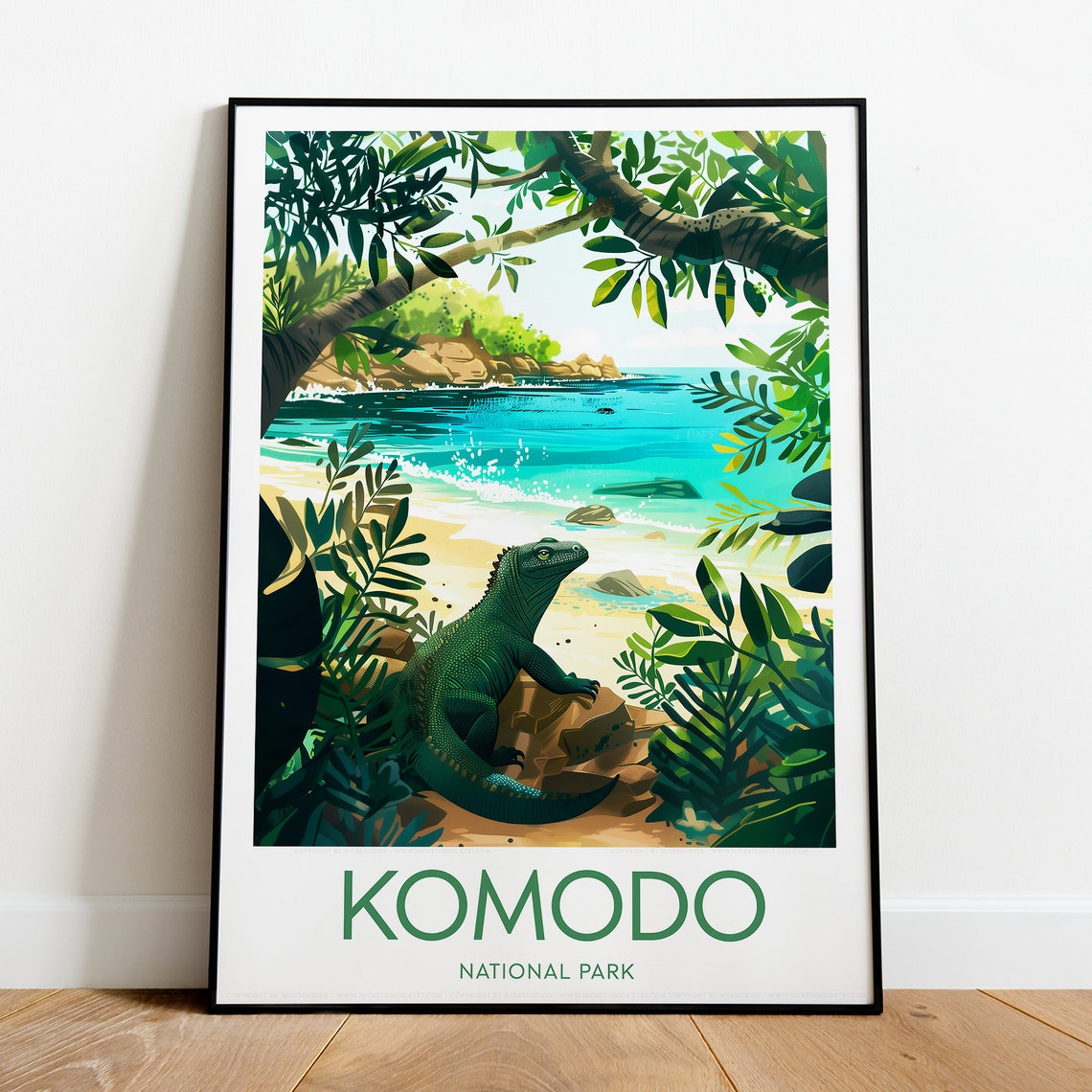 Komodo Dragon Tropical Beach Lush Jungle National Park Poster