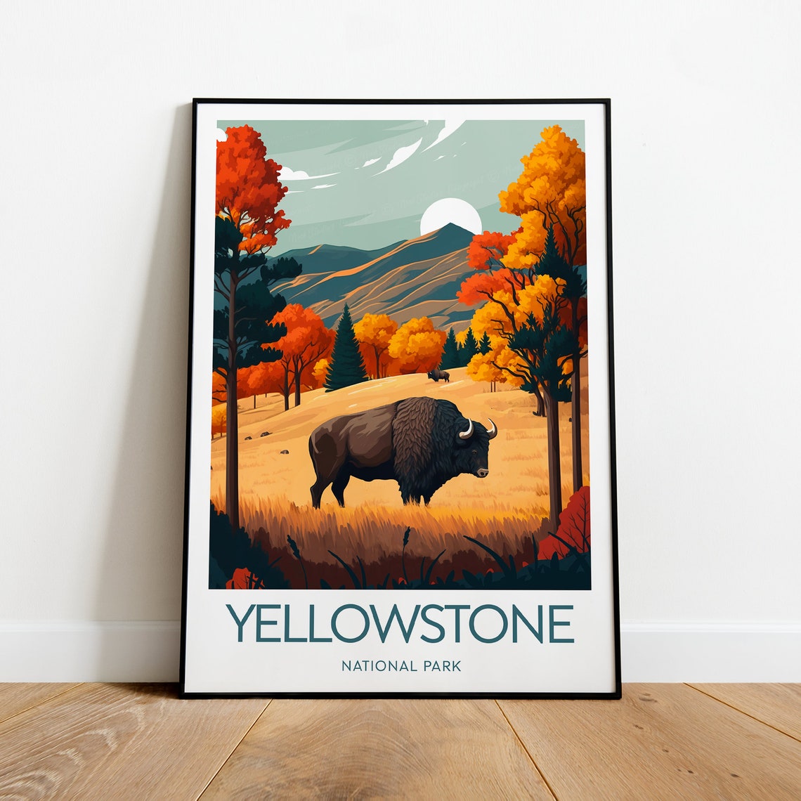 Yellowstone Autumn Bison Meadow Moonrise National Park Wildlife Poster - Image 2