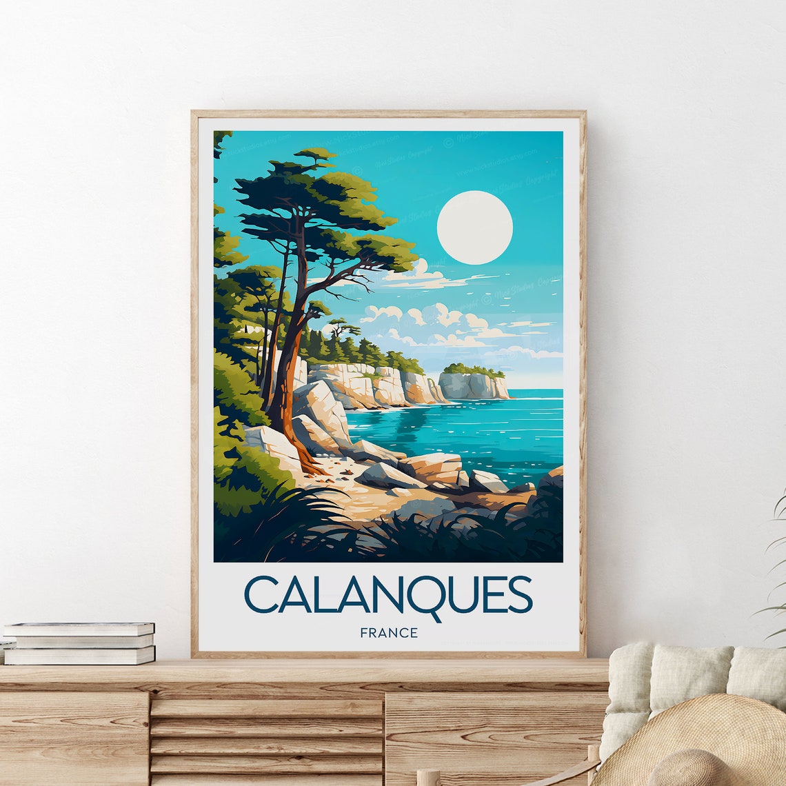 Calanques France Rocky Cove Turquoise Sea Pine Trees Travel Poster