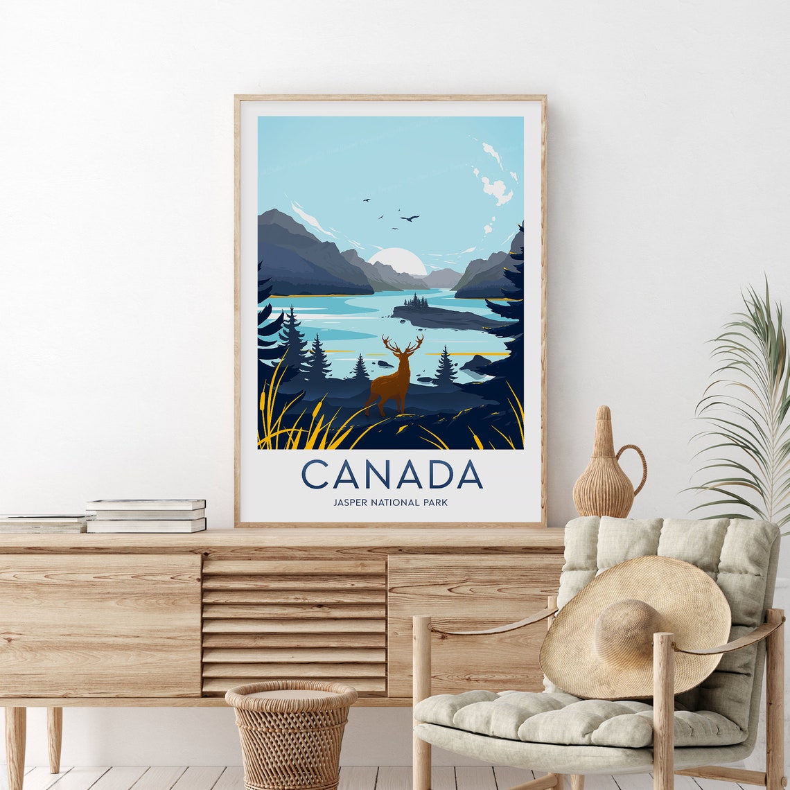 Jasper National Park Canada Elk Lake Mountains Travel Poster