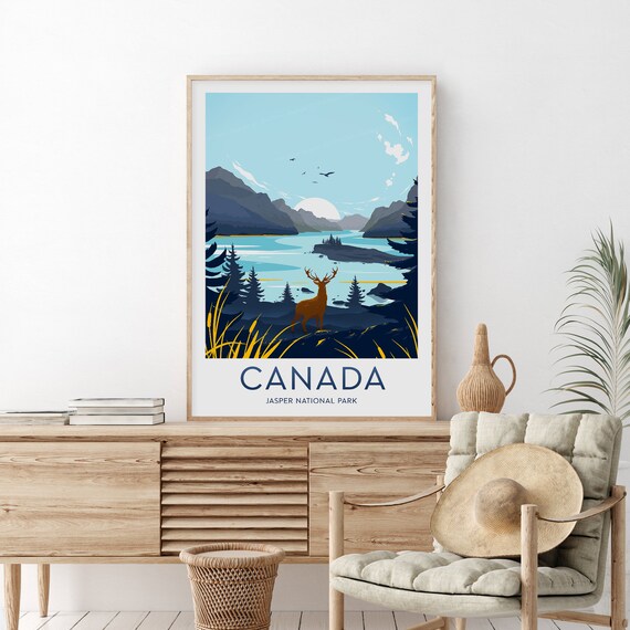 Jasper National Park Canada Elk Lake Mountains Travel Poster