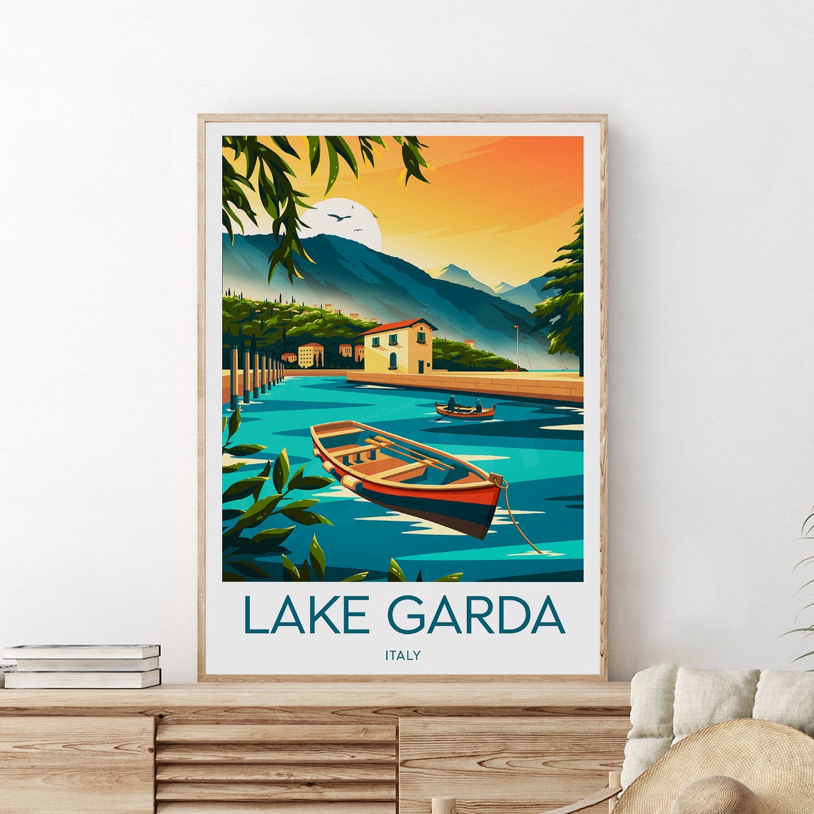 Lake Garda Italy Evening Rowboat Lakeside Town Travel Poster