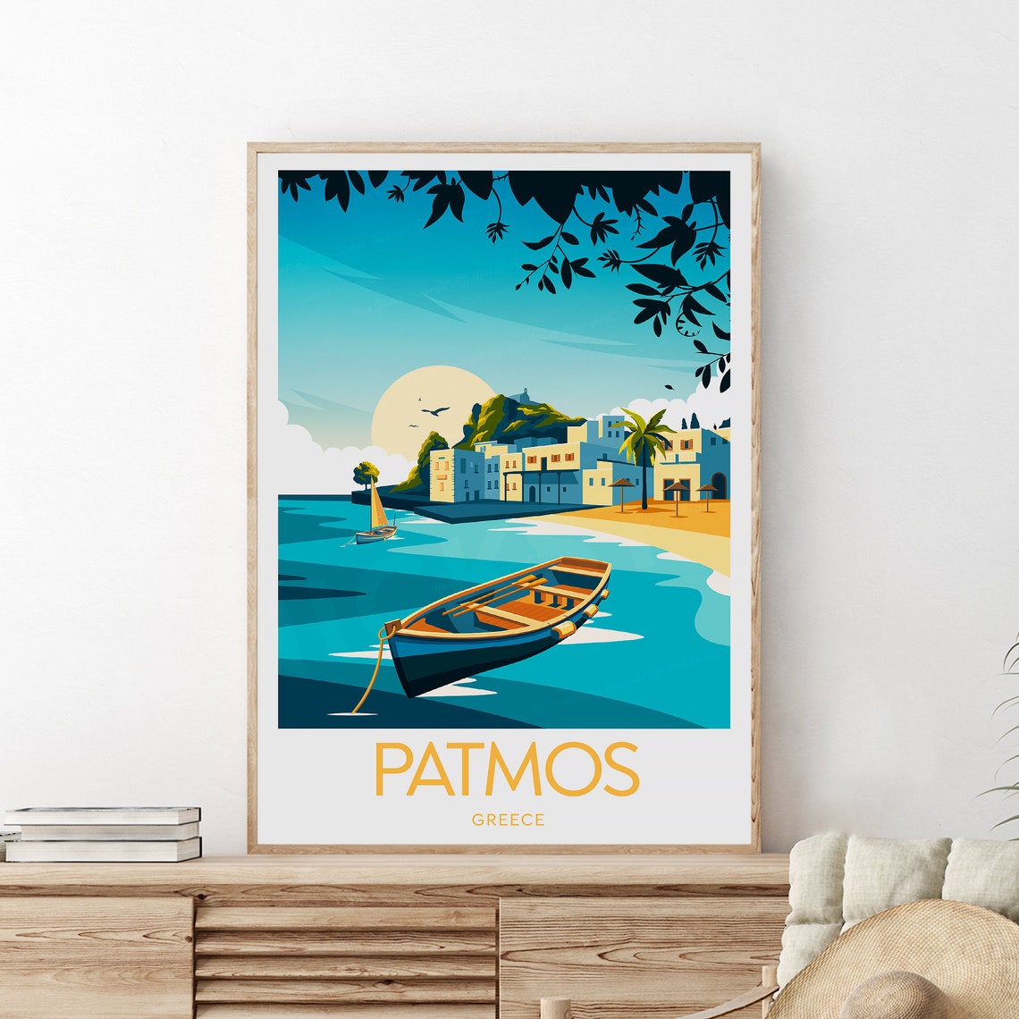 Patmos Greece Turquoise Harbour Wooden Rowboat Island Wall Art - Image 2