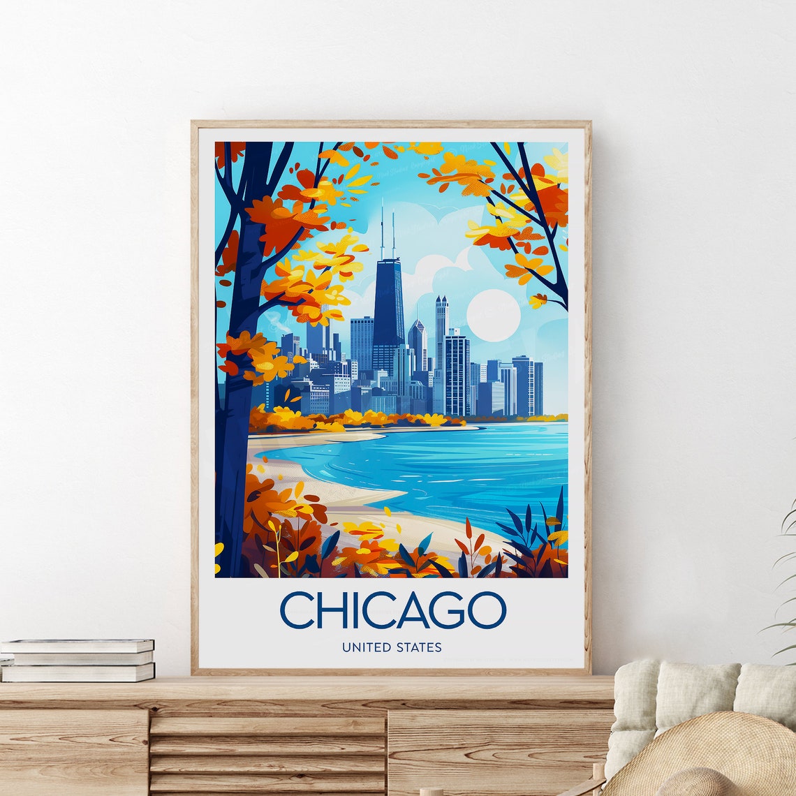 Chicago United States Skyline Lake Autumn Leaves Travel Poster