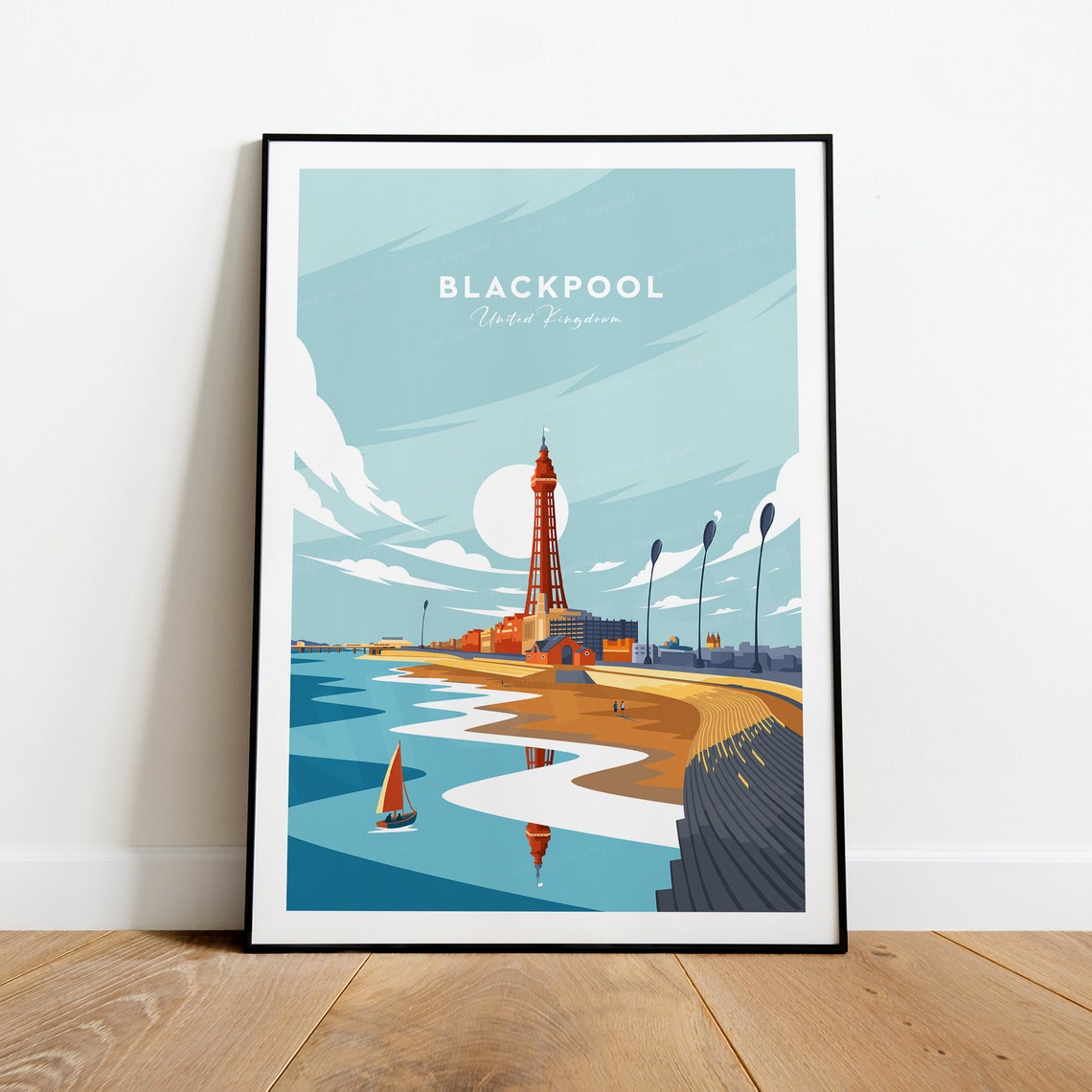 Blackpool Tower English Beach and Sailboat on a Blue Day Poster