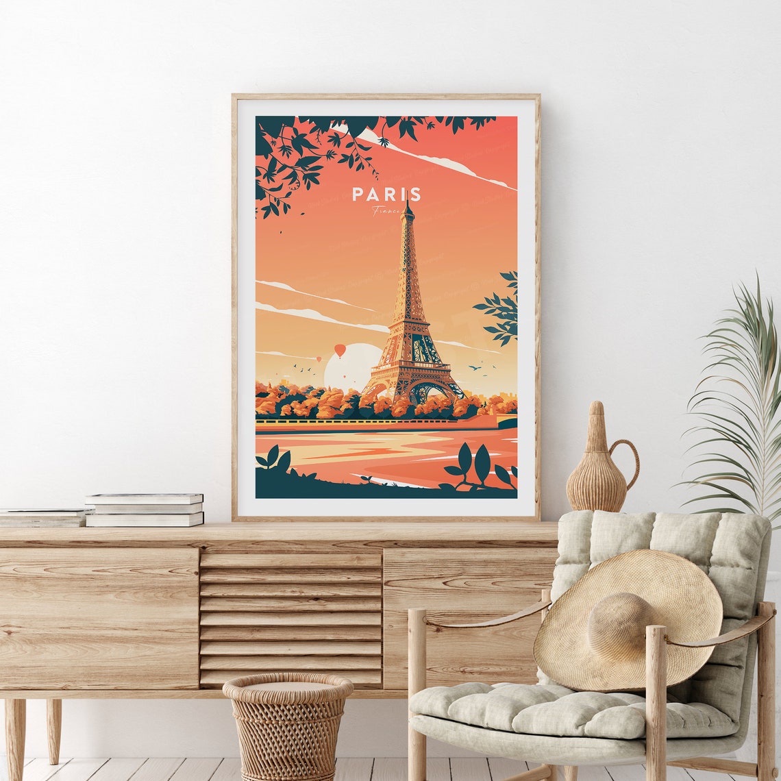 Paris Eiffel Tower At Sunset Romantic Orange Skyline Travel Poster