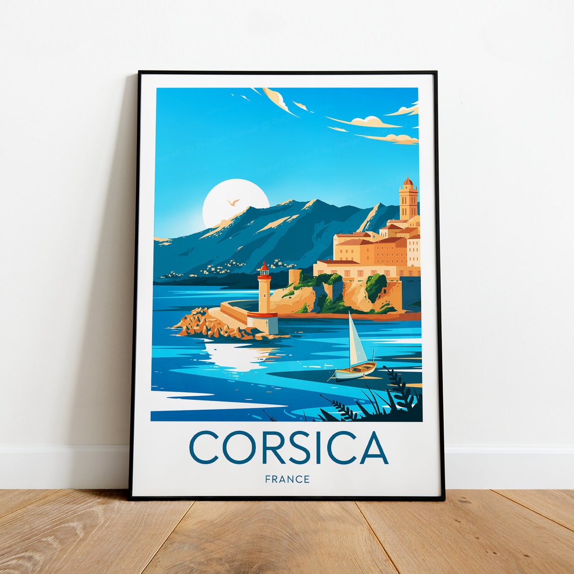 Corsica France Mediterranean Harbor Lighthouse Sailboat Travel Poster