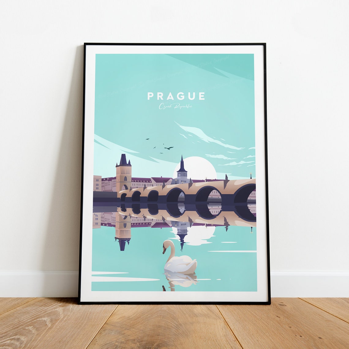 Prague Czech Republic Charles Bridge Swan Reflection Travel Poster