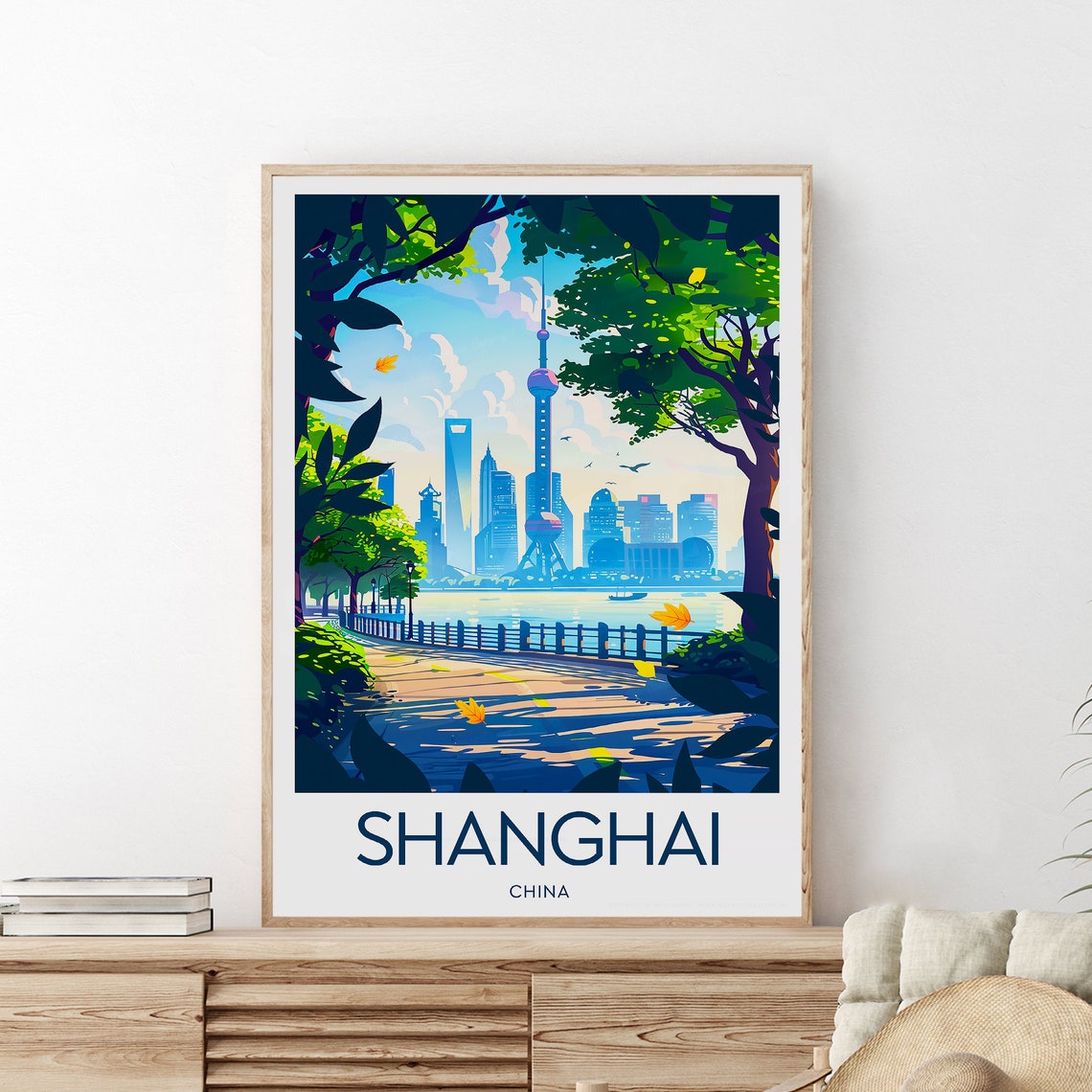 Shanghai China Oriental Pearl Tower Bund Skyline Travel Poster