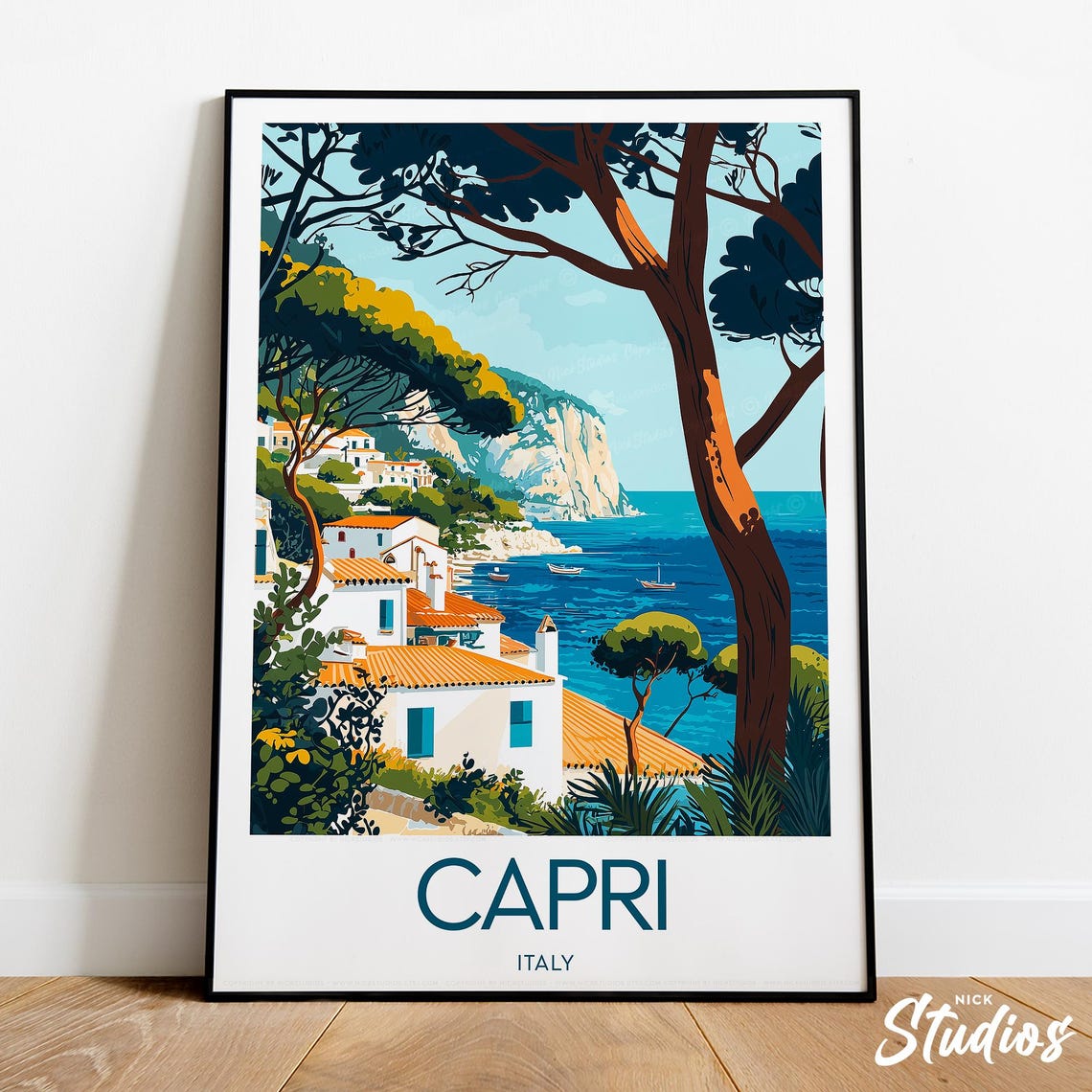 Capri Italy Cliffside Village Turquoise Sea Vintage Travel Poster