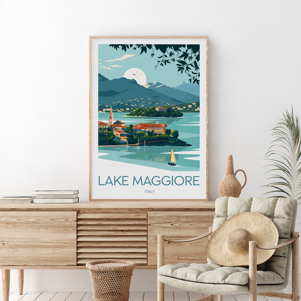 Lake Maggiore Italy Moonlit Island Sailboat Vintage Travel Poster