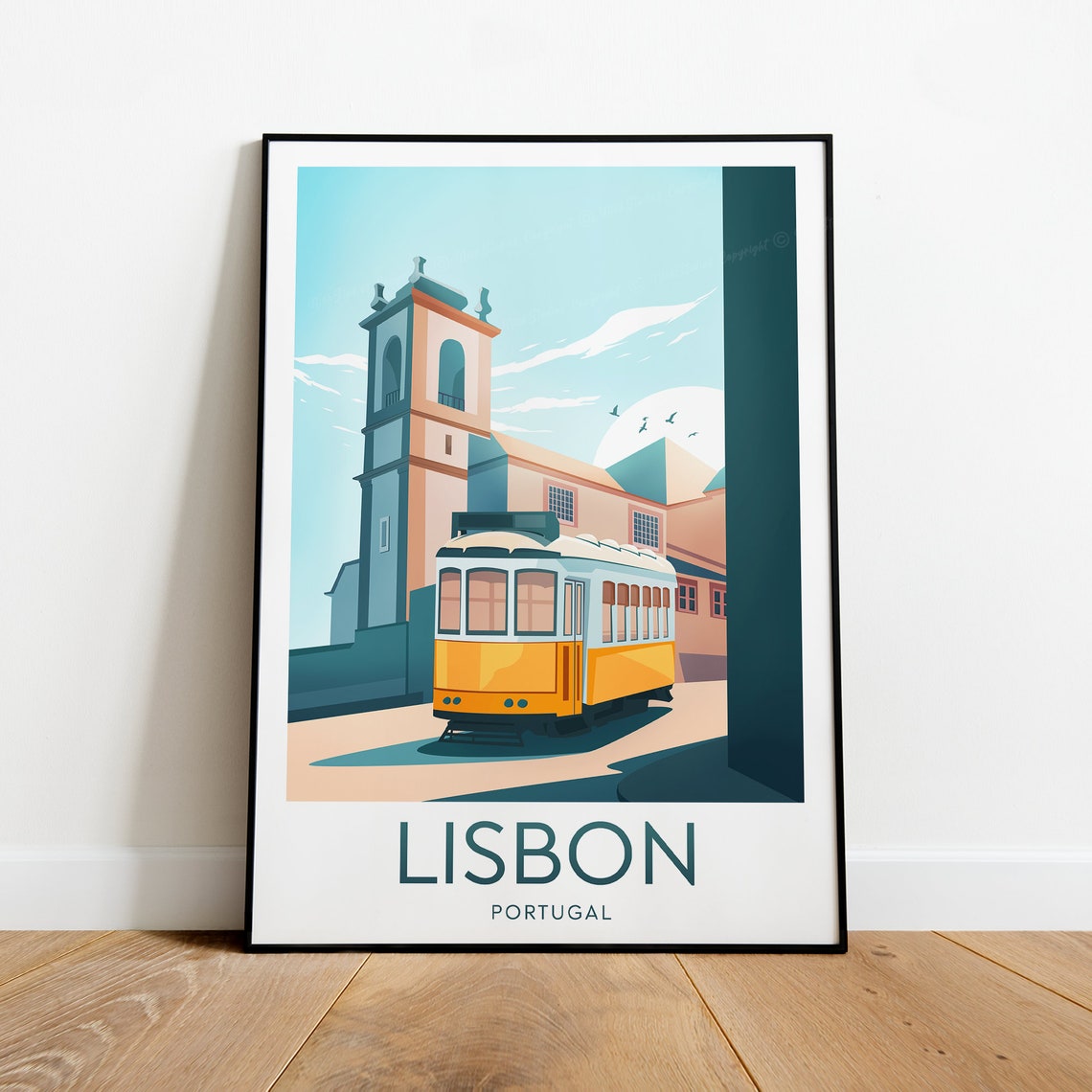 Lisbon Iconic Yellow Tram Old Town Portugal Vintage Travel Poster