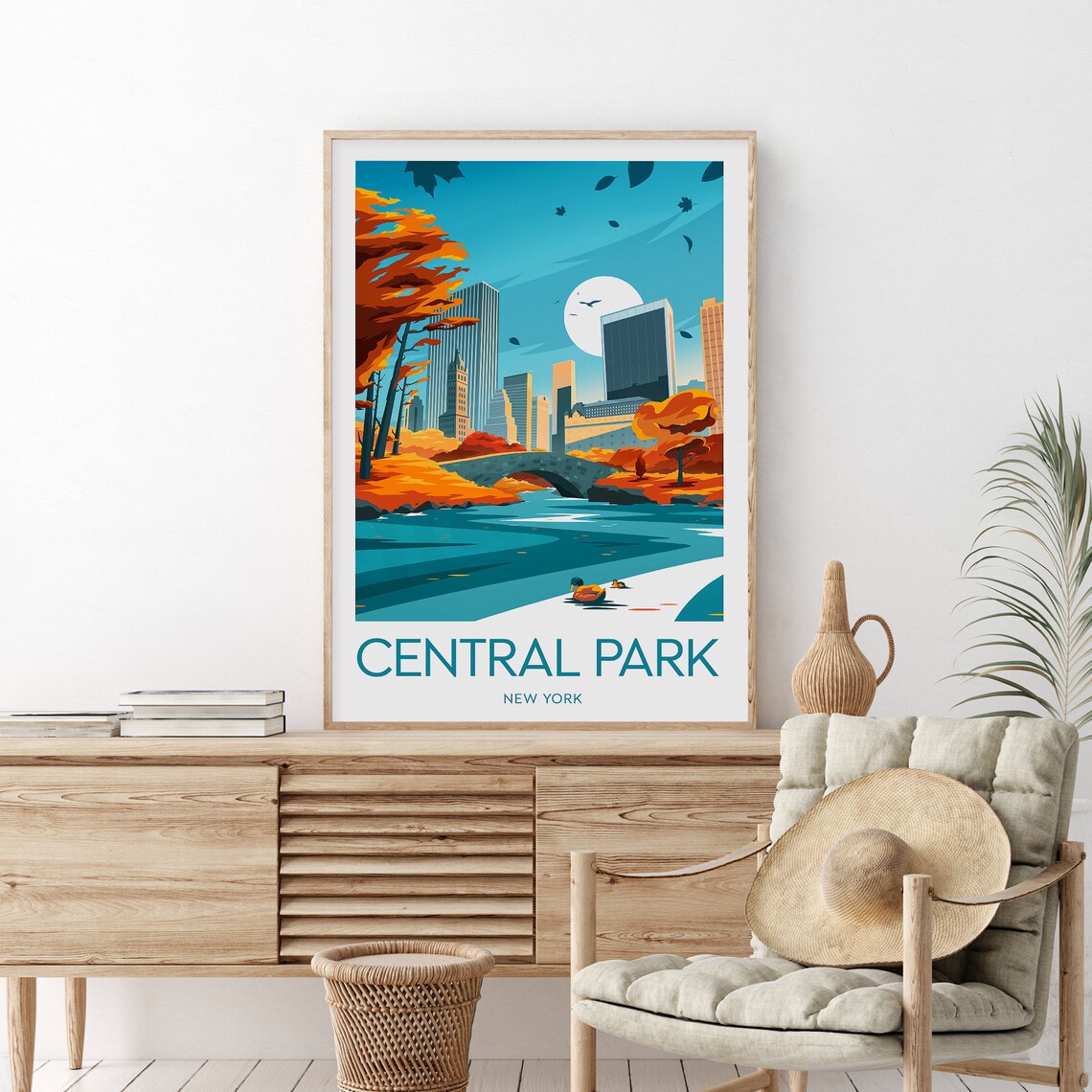 Central Park New York Autumn Skyline Lake Rowboats Travel Poster