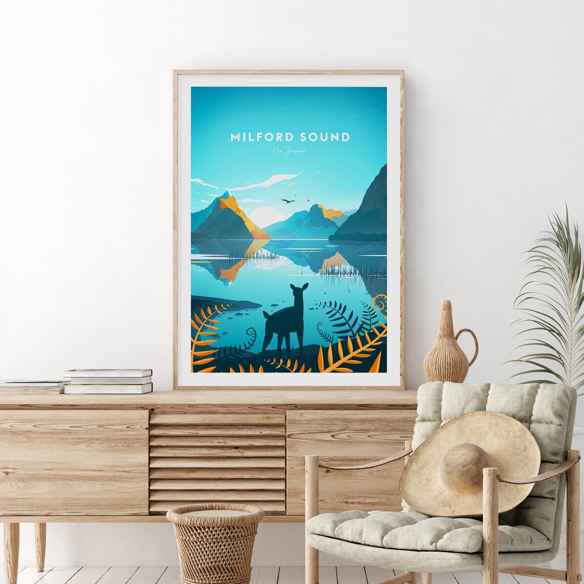 Milford Sound New Zealand Fjord Mountains And Deer At Dawn Poster