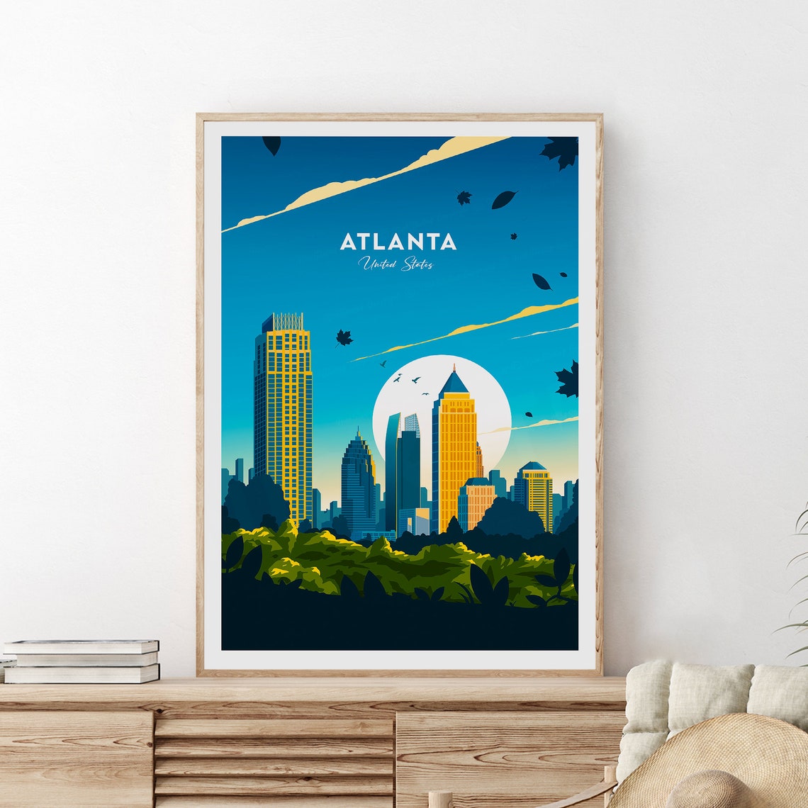 Atlanta Skyline Travel Poster with Moonlit Downtown Georgia Towers