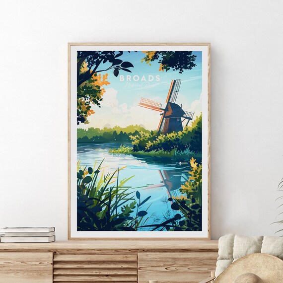 Broads National Park Windmill River Vintage Travel Poster Art