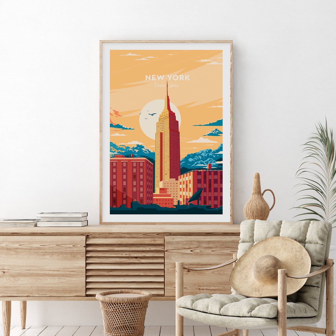 New York Empire State Building Golden Sunset Skyline Travel Poster