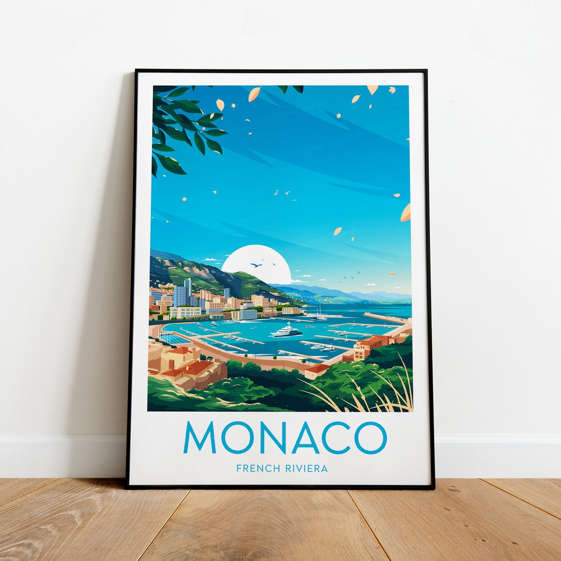 Monaco French Riviera Travel Poster, Mediterranean Harbor Art