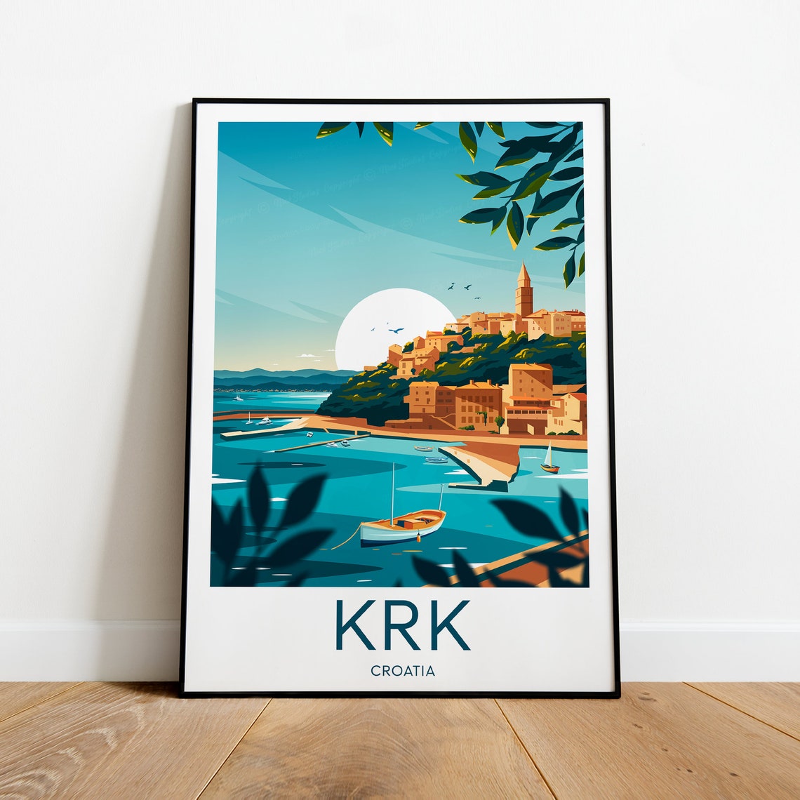 Krk Croatia Island Old Town Moonlit Harbour Boat Scene Poster